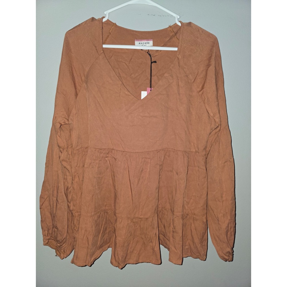 Andree by Unit Womens Rust Brown V-Neck Tiered Babydoll Long Sleeve Top M NEW